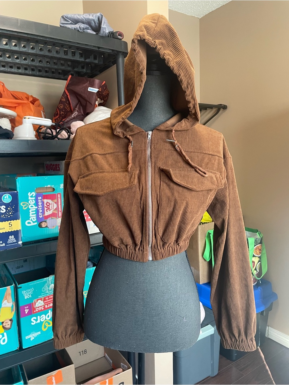 SHEIN Brown Corduroy Hooded Cropped Bomber Jacket